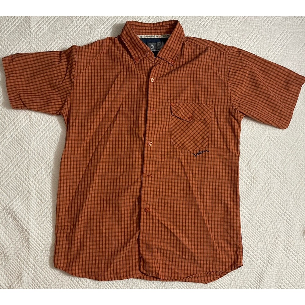 Volcom Men's Smal Button Down Shirt Short Sleeve Orange Plaid Casual Skate